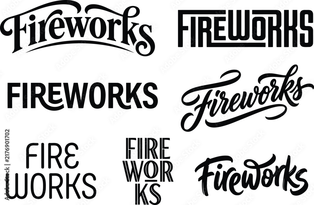 Fototapeta premium Decorative fireworks typography collection featuring diverse artistic styles and creative lettering