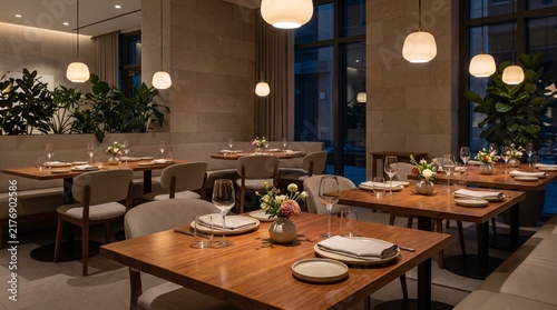 Elegant restaurant interior with tables set for dining.