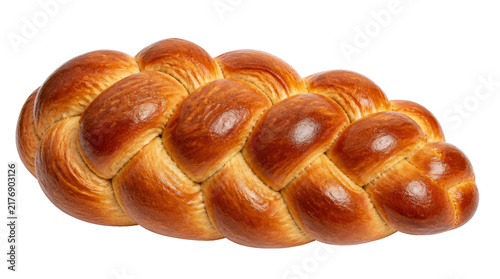 Braided challah bread loaf displayed whole on pure transparency background with soft even lighting and golden crust