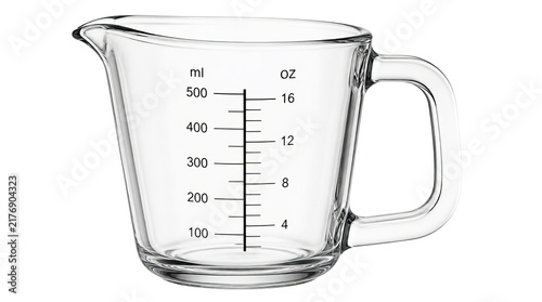Glass measuring jug with printed marking lines on pure transparency background, featuring clear handle and crisp lighting for product detail