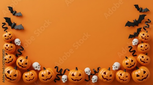 Festive halloween background with decorative pumpkins and bats arranged on a vibrant orange surface with copy space