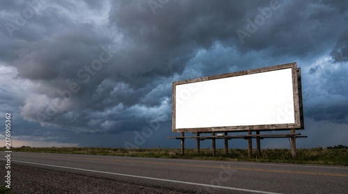 Blank billboard sign on the side of a road under a dramatic stormy sky.