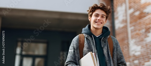 Student with backpack and books smiling in front of the school