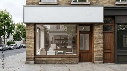 Modern shop front with blank signage and window display mockup
