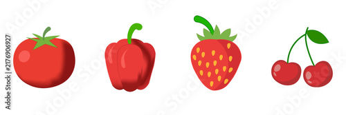 A collection of vibrant red produce icons including a tomato, bell pepper, strawberry, and cherries on a white background.