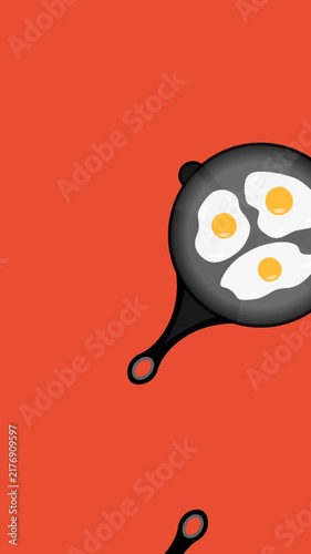 Composition of pan with eggs icons on red background
