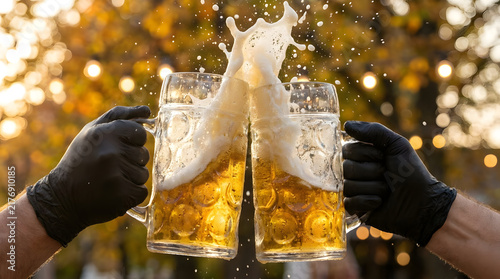 Foto Frothy amber beer mugs clinking together in a celebratory toast held by hands we