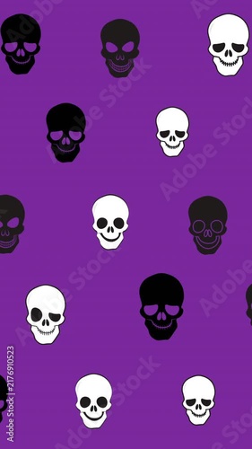 Animation of black and white skulls on floating purple background