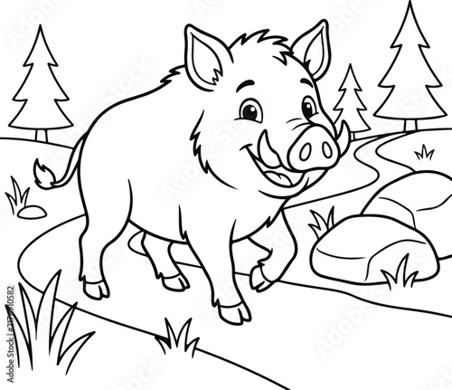 Cute wild boar coloring page for kids with pine trees