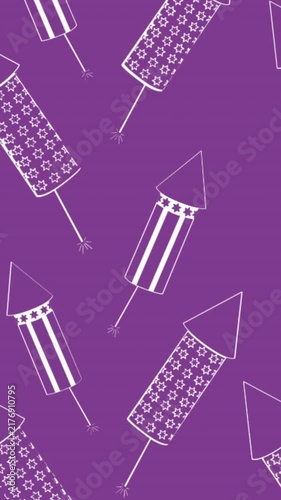 Animation of rocket fireworks in white on purple background
