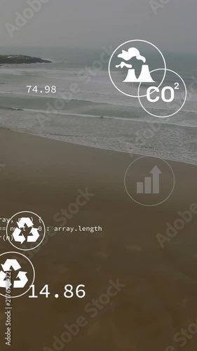 Animation overlaying icons and environmental data on coastal landscape with waves