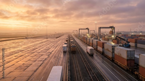 Freight containers being loaded onto trains at a busy industrial shipping terminal at sunset.