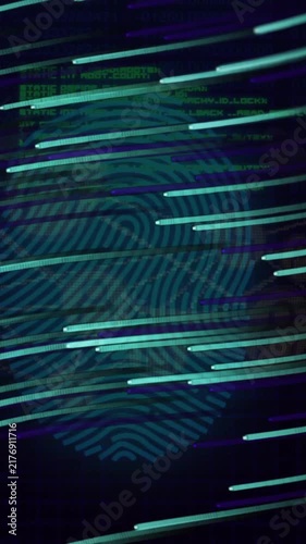 Fingerprint and digital data processing animation with dynamic light streaks