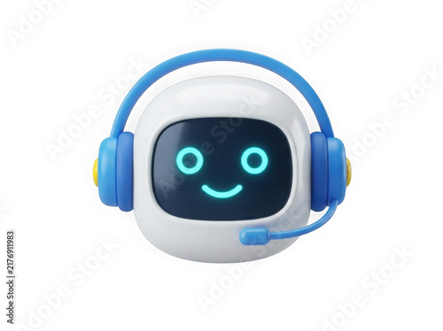 Cute 3D robot character wearing blue headphones with as transparent PNG