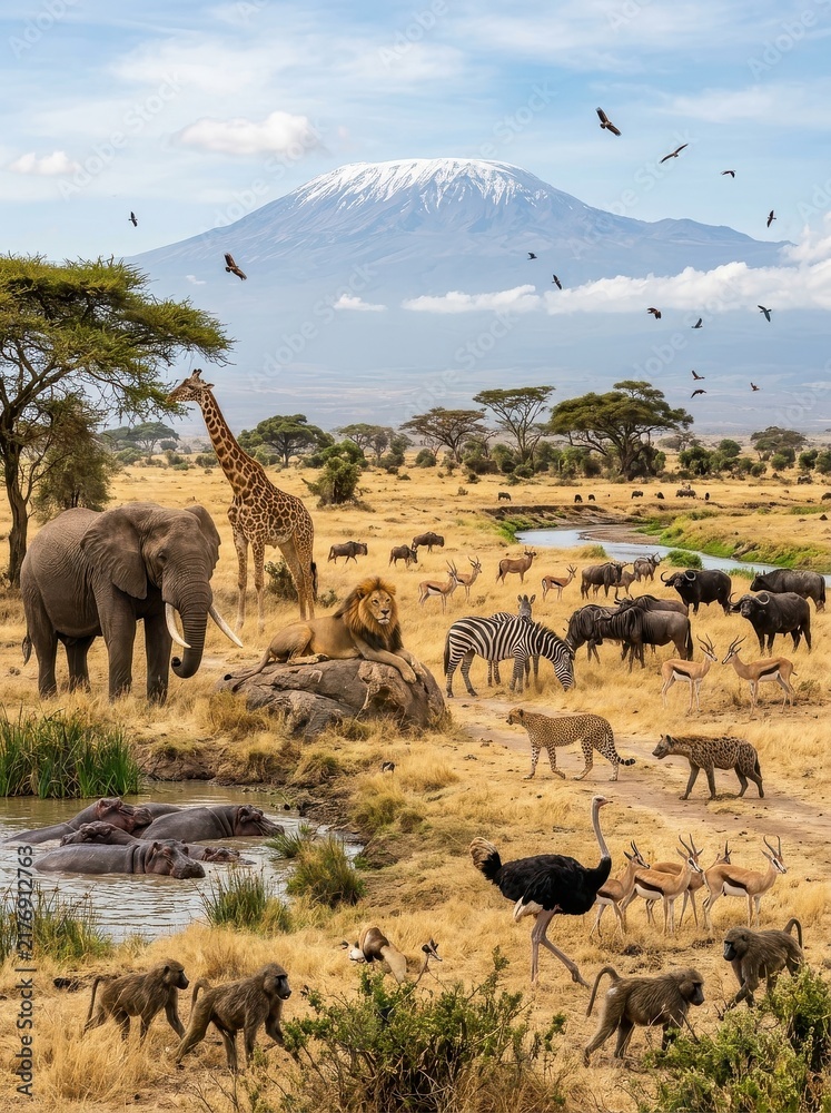 Fototapeta premium Majestic African Wildlife Panorama Featuring Elephant Lion Giraffe and Zebra with Mount Kilimanjaro Background