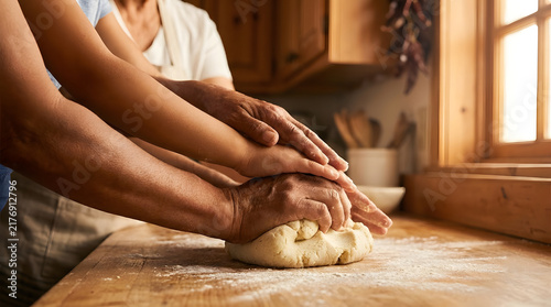 Elderly grandmother and small grandchild kneading soft fresh dough together on a rustic wooden countertop using gentle hands in bright natural sunlight captured from a side angle with cinematic 