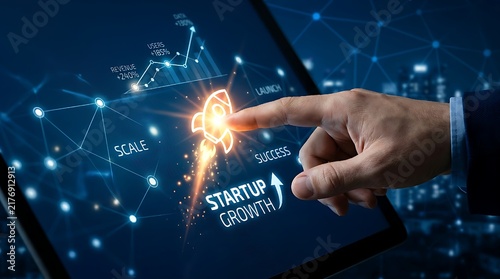 A finger touching a digital rocket ship icon, symbolizing business growth and startup success. The background is a dark blue 