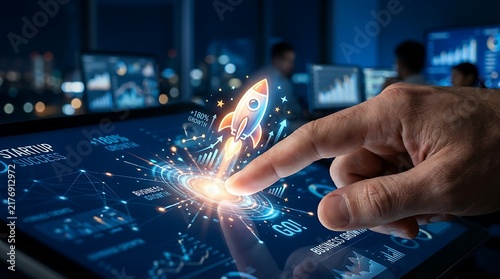 A finger touching a digital rocket ship icon, symbolizing business growth and startup success. The background is a dark blue 