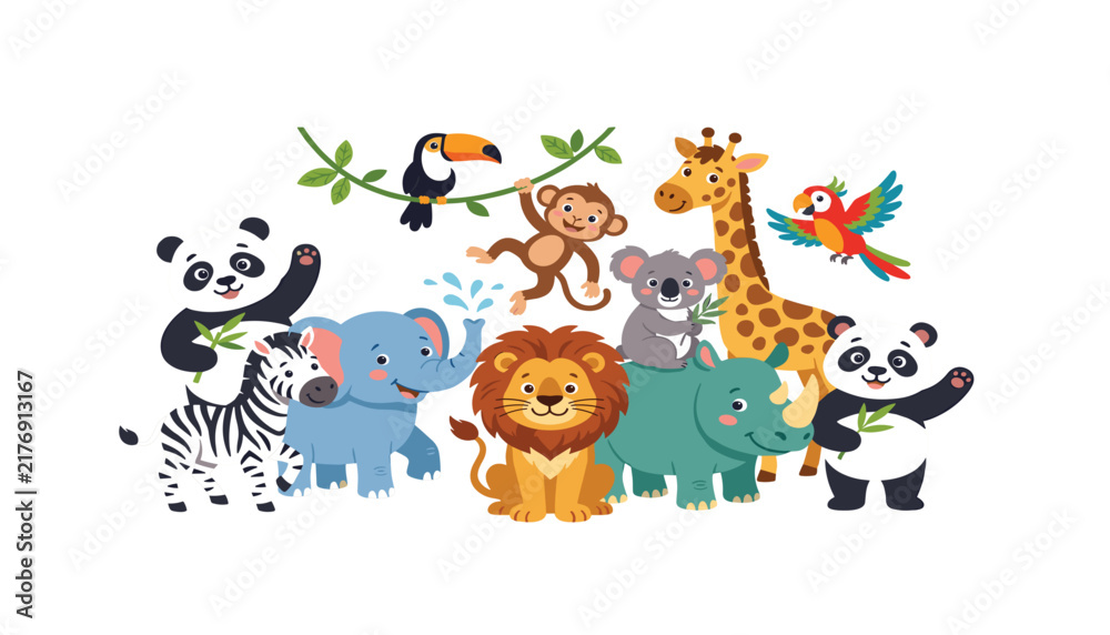 Fototapeta premium Cute cartoon safari animals vector set with lion giraffe elephant zebra panda koala rhino monkey and tropical birds