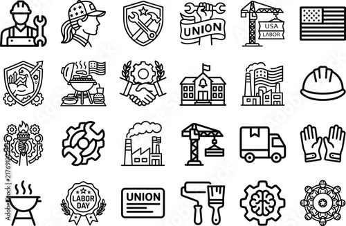 USA Labor Day And American Workers Line Icon Set For Industry And Trades