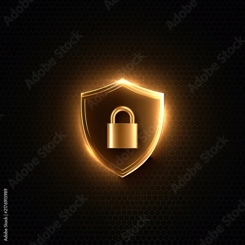 glowing golden shield with padlock symbolizing digital security