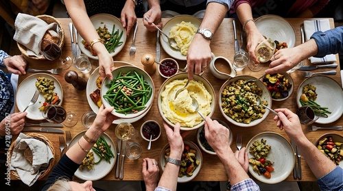 Group of people sharing a festive dinner table with various food dishes