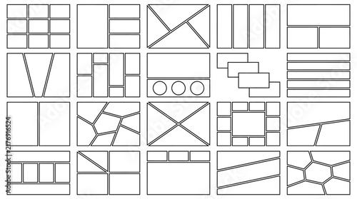 Comic book storyboard templates, set of manga panel layouts. Blank graphic novel grid frames. Minimalist storyboard vector set.