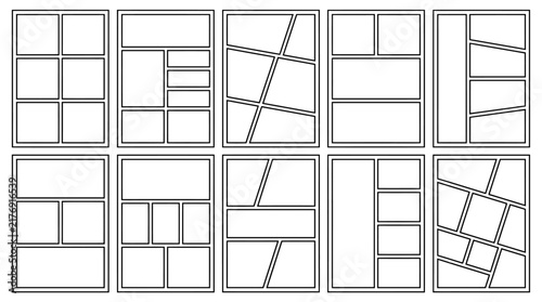 Comic book strip templates, 10 blank manga panel layouts. Minimalist storyboard frames for graphic novels and storytelling illustrations.