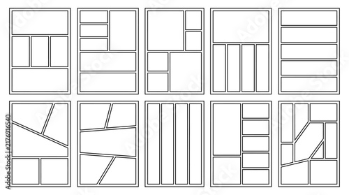 Comic book storyboard templates, set of 10 manga panel layouts. Blank graphic novel grid frames. Minimalist storyboard vector set.