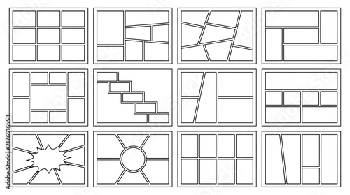 Comic book panel templates, 12 storyboard layout frames, manga page grid collection, blank graphic novel frames for storytelling