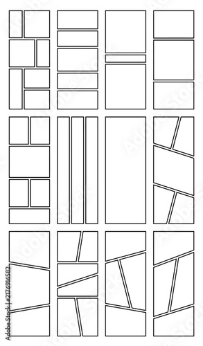 Minimalist comic strip templates, 12 blank storyboard layouts for manga and graphic novels, black and white vector panel set