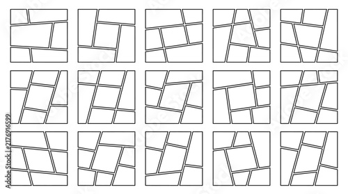 Minimalist moodboard layout templates, set of 15 geometric photo collage frames. Linear grid wireframe collection for social media and branding.