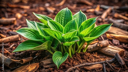 A young hosta plant sprouts tenderly amidst a rich tapestry of emeraldgreen leaves and earthy pine bark