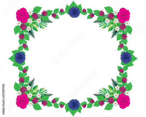 A vector illustration of a square frame adorned with pink roses, blue roses, green foliage, and white flowers on each side.