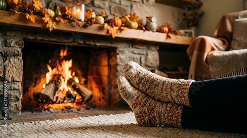 Person relaxing with warm wool socks by a cozy autumn fireplace at home