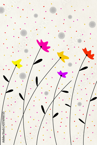 Abstract colorful flowers with Black stems on confetti background