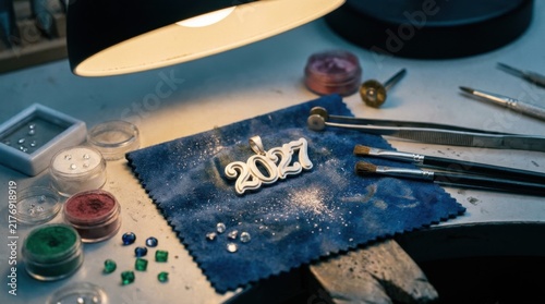 Craft Workshop Table with Gemstones Brushes and Silver 2027 Art Card