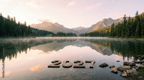 Serene Mountain Lake at Sunrise with 2027 Numbers Reflected in Clear Water