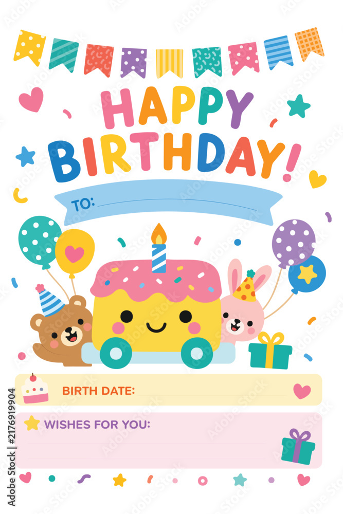Fototapeta premium Vector Illustration of Birthday Greeting Card With Cute Animals and Cake