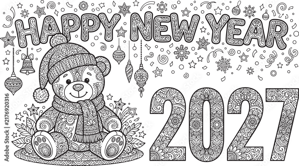 Fototapeta premium Happy New Year 2027 coloring page with a cute teddy bear wearing a winter hat and scarf