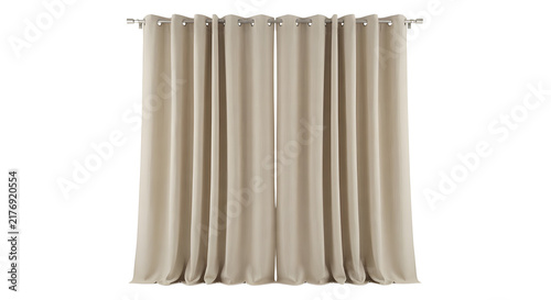 Foto Elegant beige fabric curtains hanging on a metal rod isolated on black backgroun