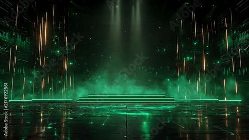 Green neon stage with vertical glowing lines and podium in dark smoky room