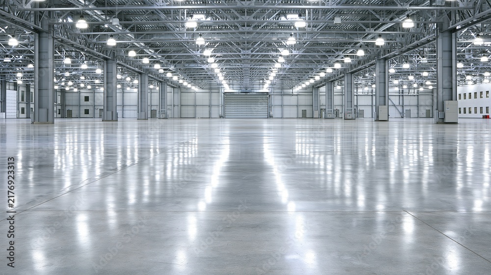 Obraz premium Empty industrial warehouse interior with reflective floor