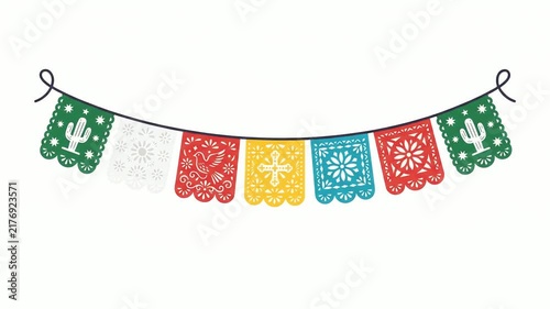 Bunting features brightly colored paper cutout flags hanging across a thin string against a clean white background, creating a festive banner for traditional celebrations.