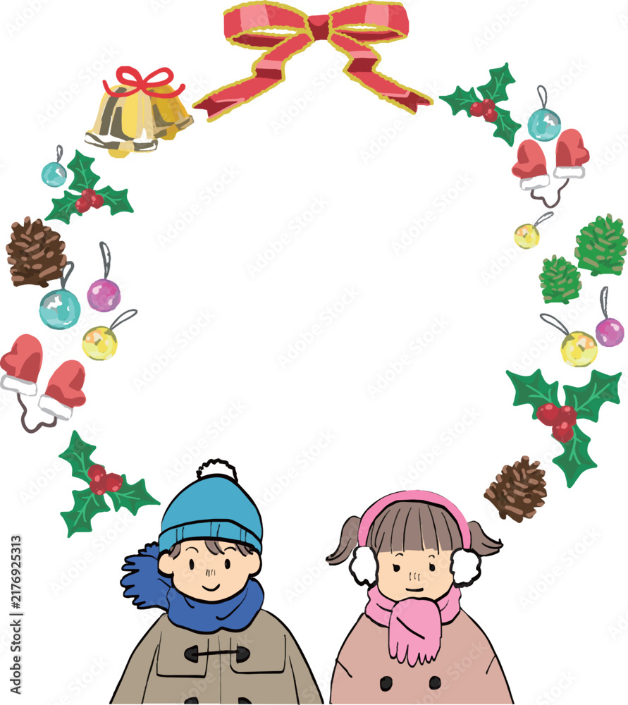 Fototapeta premium 手描きイラストな冬のクリスマスフレームと子供達