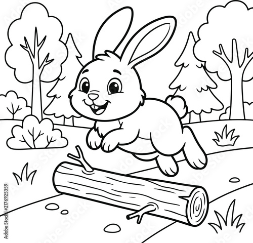 Cute cartoon bunny jumping over a log in the forest, coloring page for kids