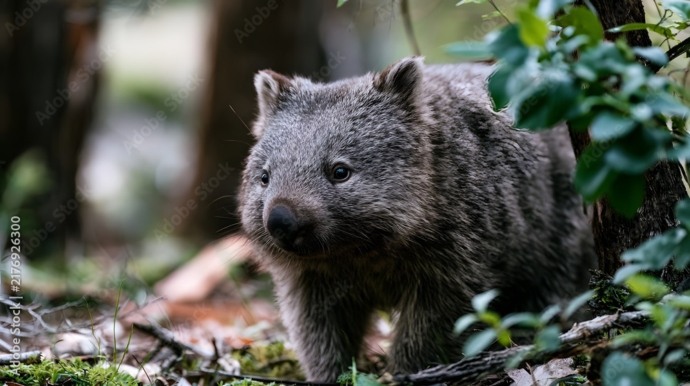 Obraz premium A gray furred wombat stands alert in a forest surrounded by green leaves and mossy ground with soft natural lighting