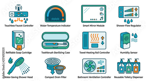 Smart bathroom technology icons, 12 modern home automation vector symbols