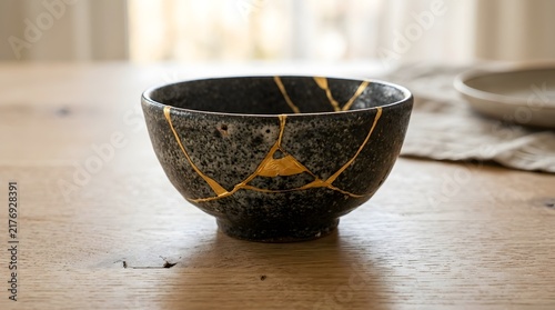 Golden lines trace the unique history of a mended ceramic bowl, a testament to the Kintsugi tradition that transforms breakage into a symbol of enduring beauty and art