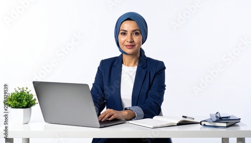 Professional female education administrator with laptop smiling confidently